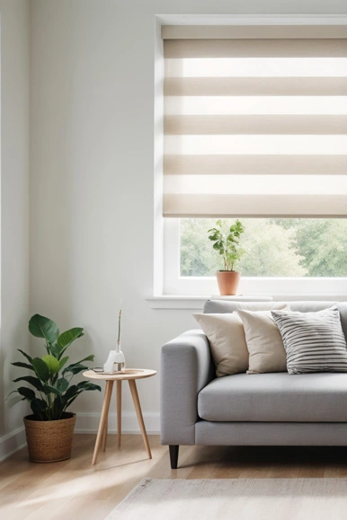 Beżowa roleta dzień-noc w salonie