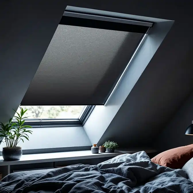 Sypialnia na poddaszu z ukrytą grafitową roletą materiałową w Tczewie