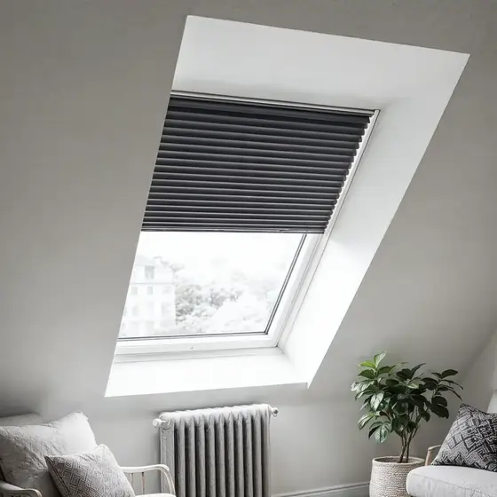 Rolety plisowane w pokoju gościnnym na poddaszu w Gdyni