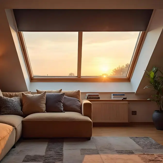 Salon na poddaszu z nowoczesną roletą materiałową we Władysławowie