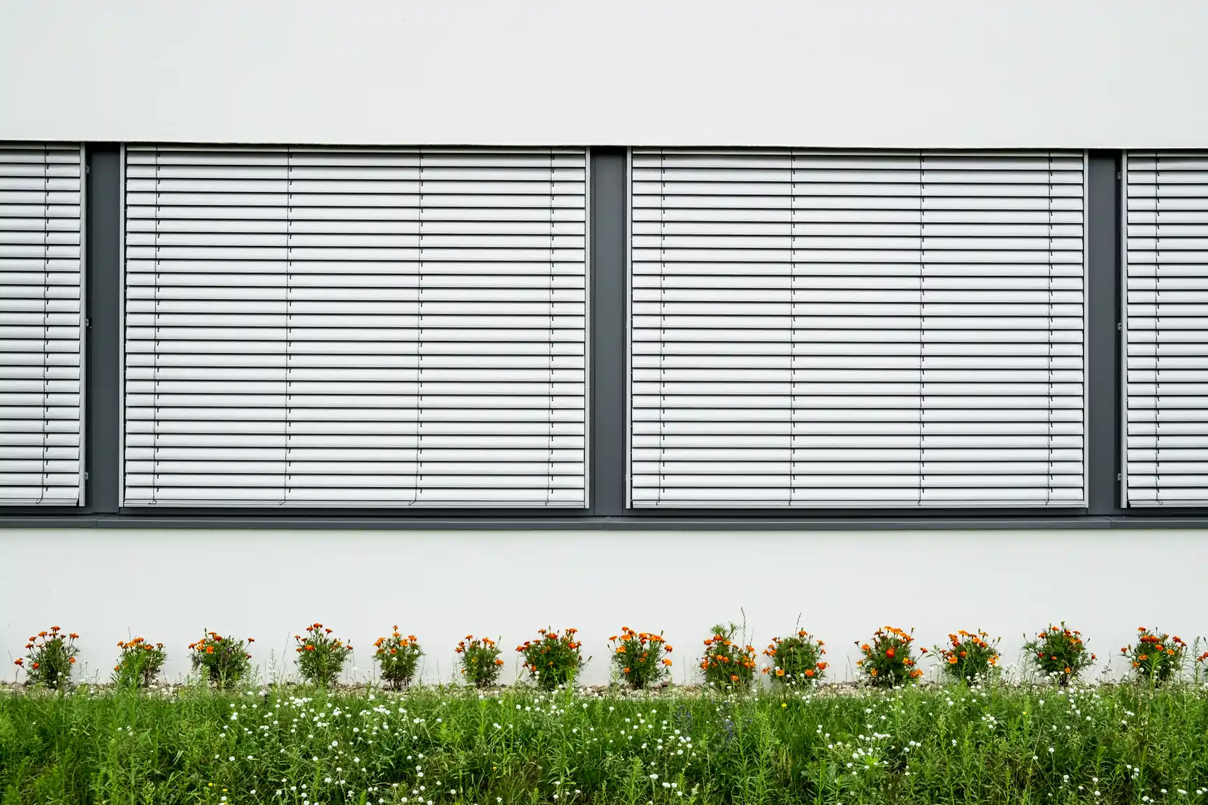 Elewacja budynku z żaluzjami zewnętrznymi w kolorze szarym - Sopot