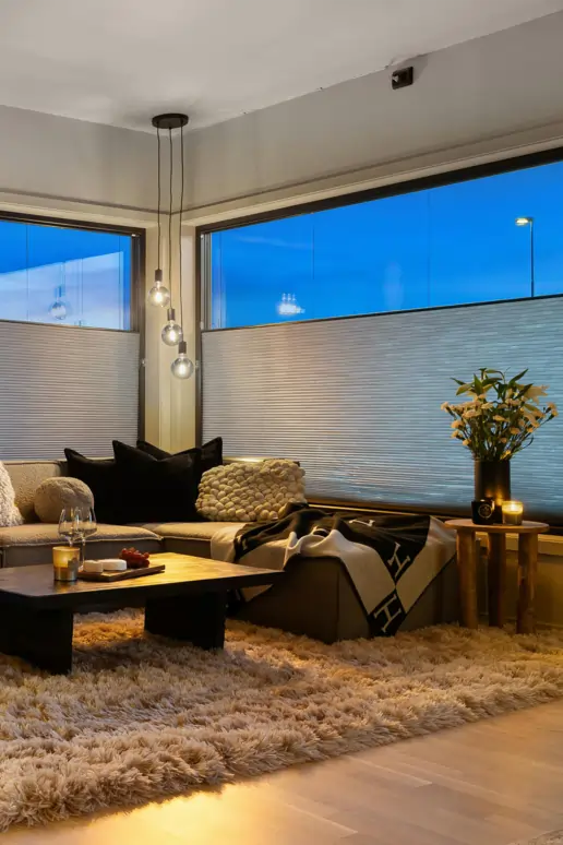 Panoramiczne okna w salonie z plisami
